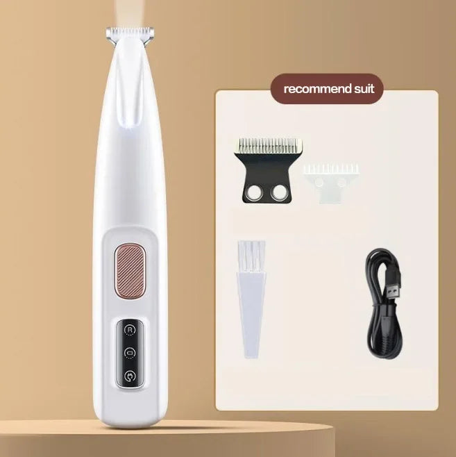 Smartlyo dog paw trimmer with LED light showing the device trimming a dog's paw nails in a close-up image.