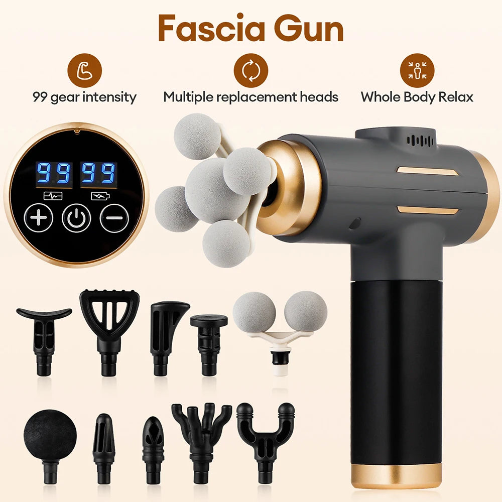 Smartlyo 11-in-1 electric massage gun with multiple attachments and 99 levels of intensity for deep fascia and muscle relief.