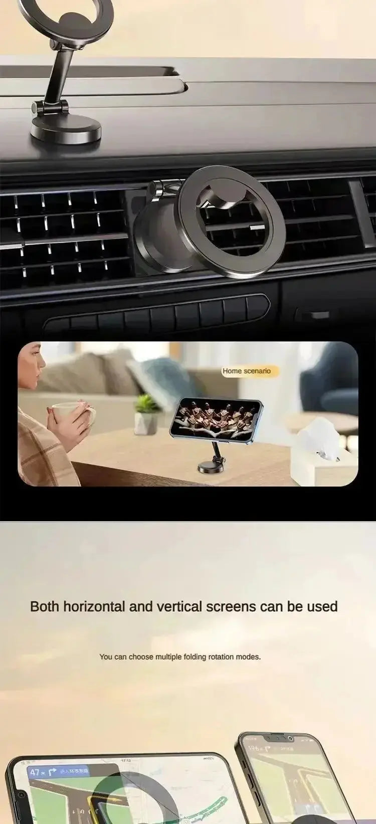 Smartlyo 360° strong magnetic cell phone holder mounted on a car dashboard showing adjustable rotation and secure grip.