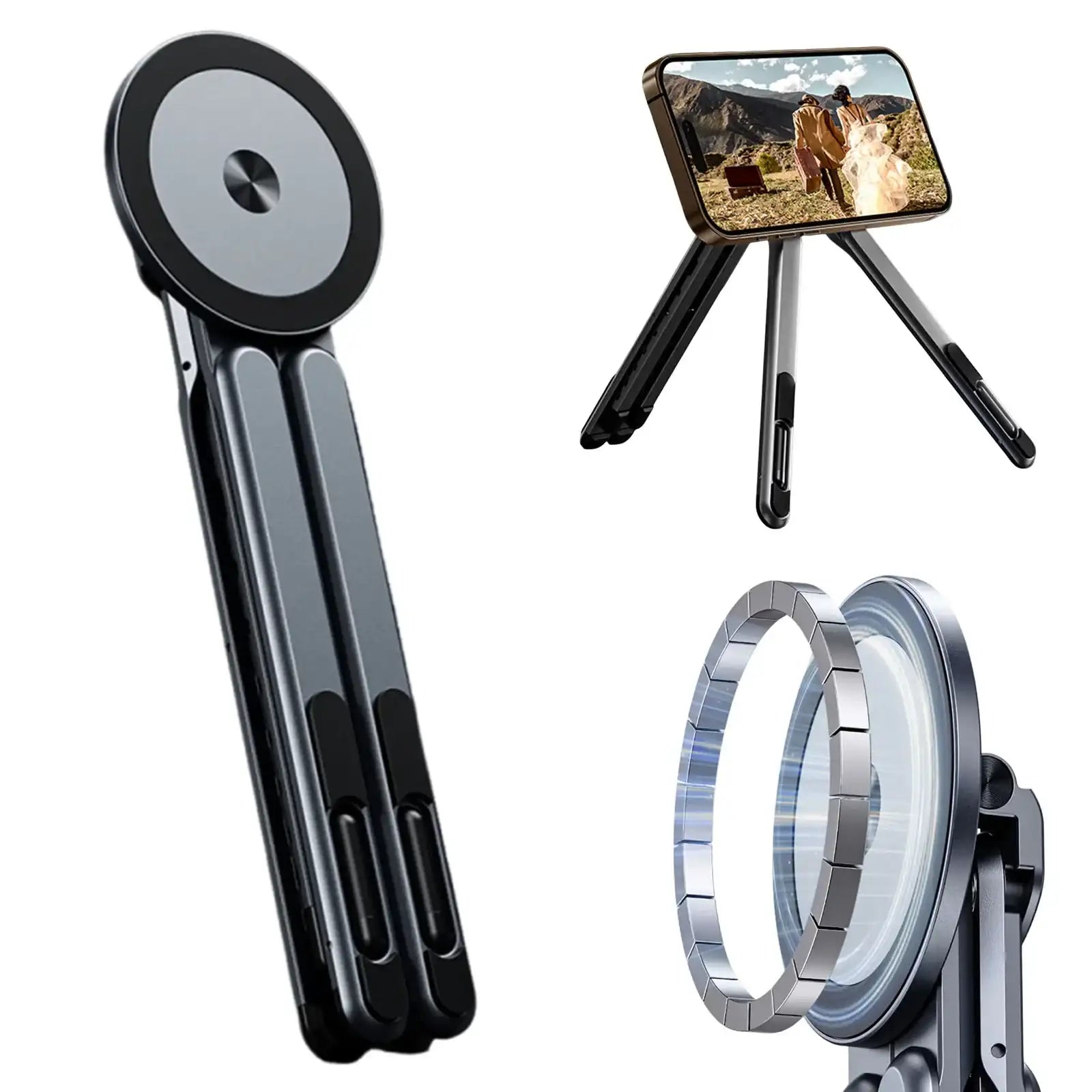 Foldable magnetic iPhone holder and laptop stand by Smartlyo, shown in a compact, portable design with magnetic features.