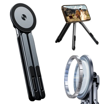 Foldable magnetic iPhone holder and laptop stand by Smartlyo, shown in a compact, portable design with magnetic features.