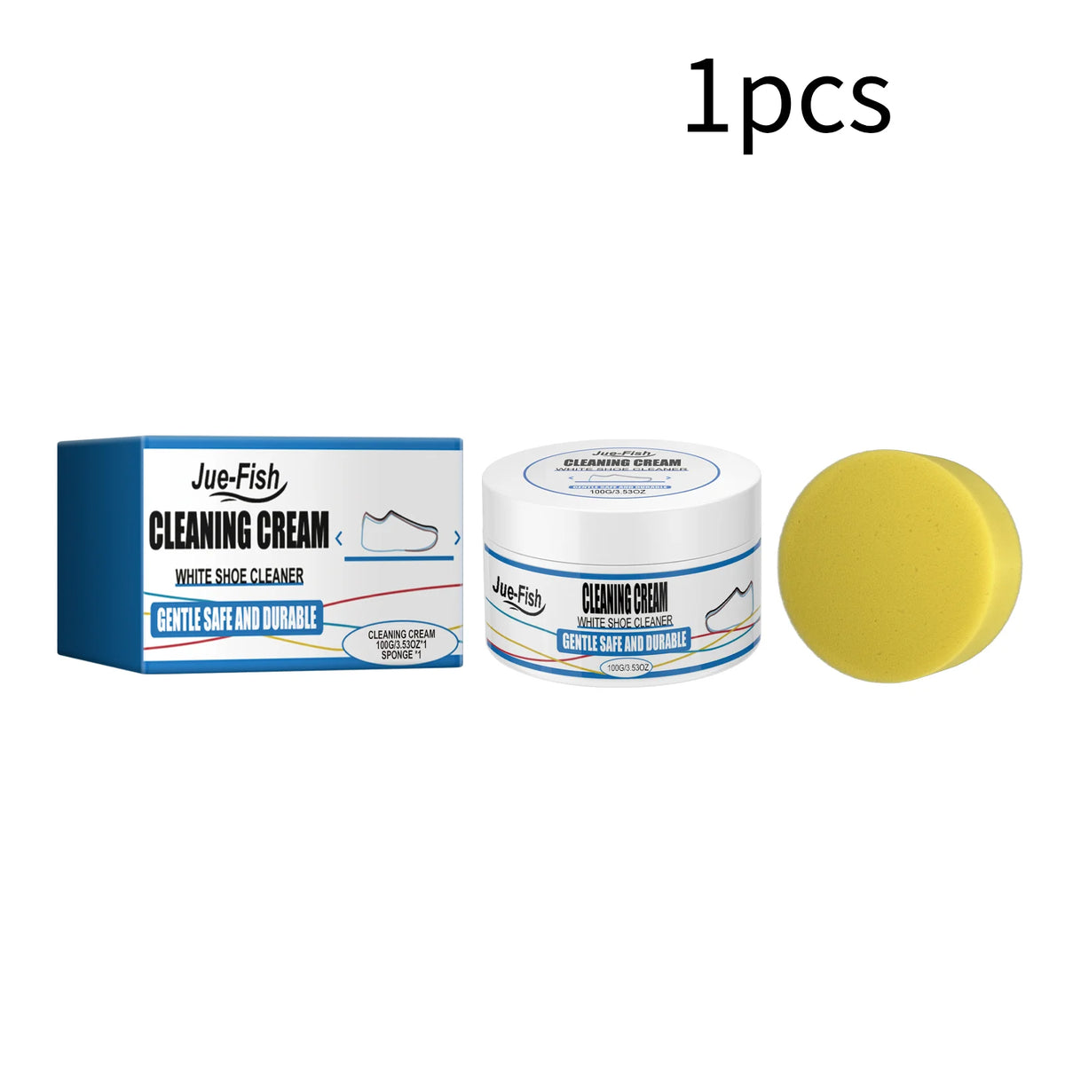 Smartlyo white shoe cleaning cream in a jar, with a brush applicator and clean white shoes in the background.