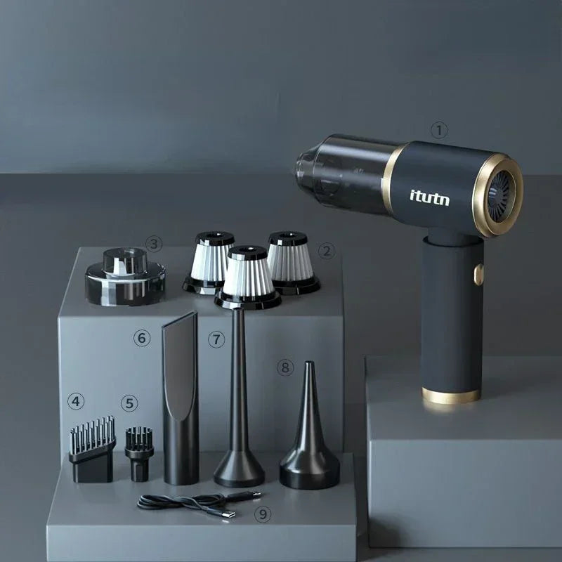 Smartlyo ITUTN wireless car vacuum cleaner shown with compact design and rechargeable battery for cleaning car interiors.