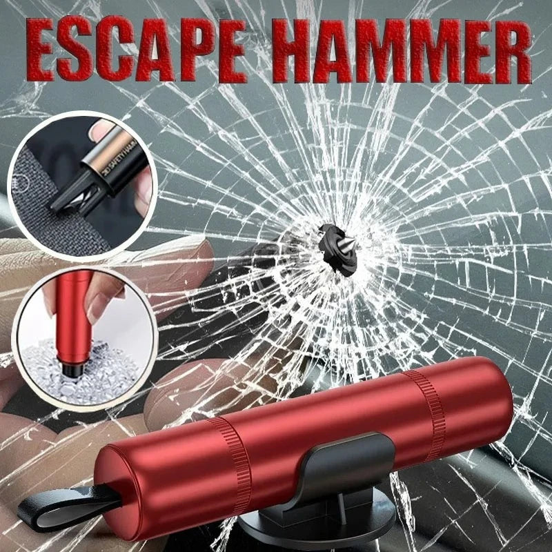 Smartlyo 2-in-1 car safety hammer breaking a car window in an emergency