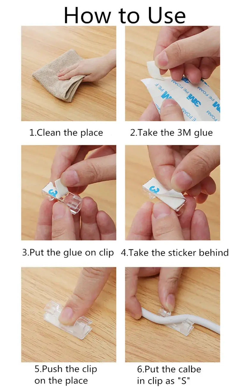 Transparent adhesive cable clips from Smartlyo set of 20, holding cables securely on walls and desks.
