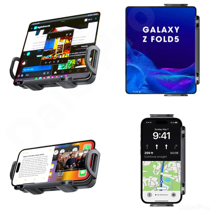 Smartlyo dual coil foldable phone holder and wireless charger with adjustable stand and charging pad in sleek design.