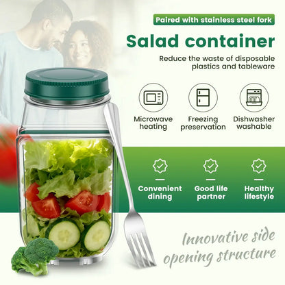 Smartlyo portable side-opening salad jar with clear container, featuring separate compartments for fresh vegetables and dressing.