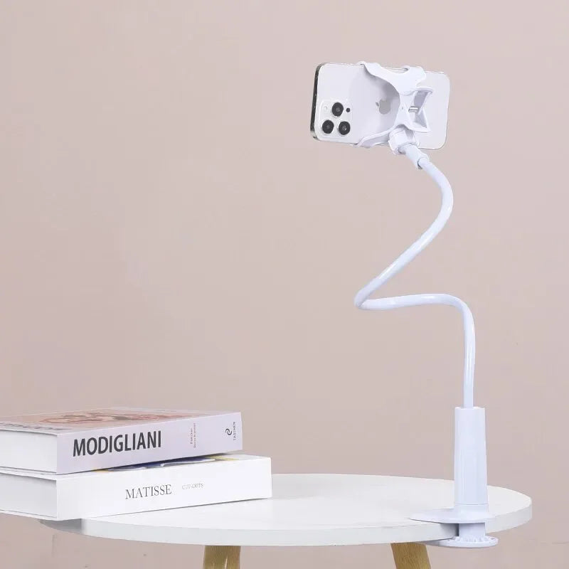Smartlyo adjustable 360° rotating lazy phone holder with clamp attached to a desk, holding a smartphone securely.