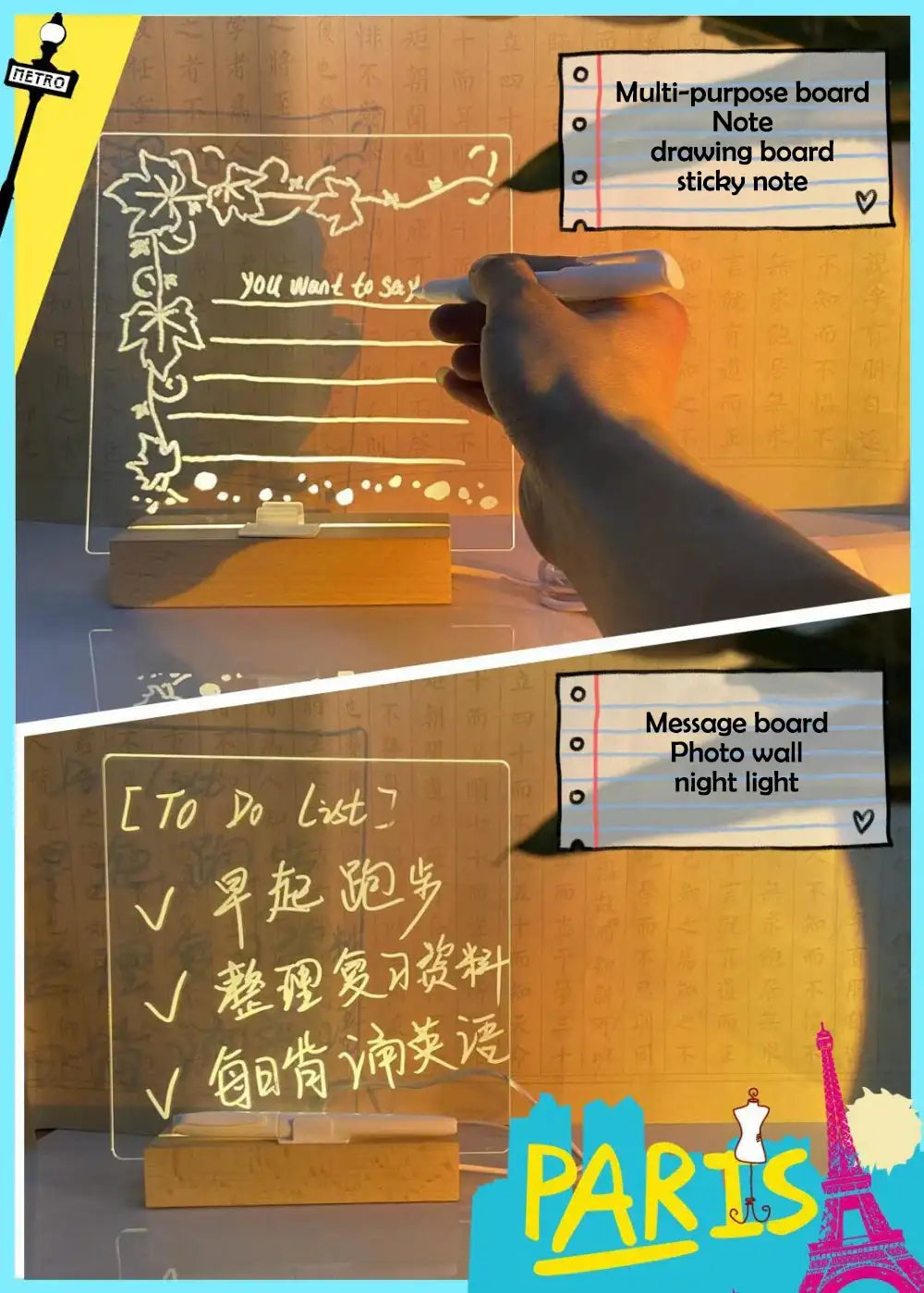 Smartlyo LED colorful note board with integrated night light, featuring vibrant writing surface and modern design.