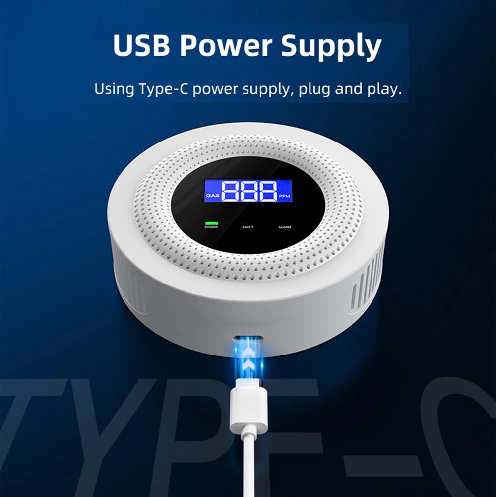 Smartlyo Tuya WiFi combustible gas leak sensor detects gas leaks with a compact design for home safety.
