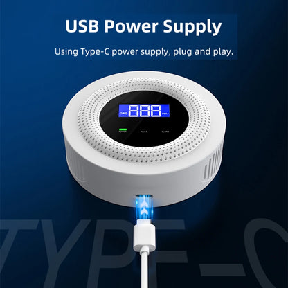 Smartlyo Tuya WiFi combustible gas leak sensor detects gas leaks with a compact design for home safety.
