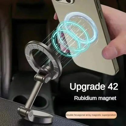 Smartlyo 360° magnetic cell phone holder with strong grip, mounted on a car dashboard, providing secure hands-free phone use.