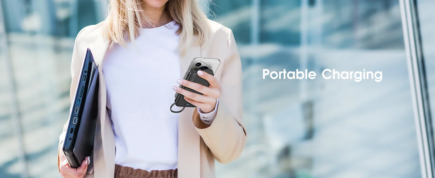 Smartlyo portable charger with built-in cables, compact design, and multiple charging ports for convenient mobile device power.