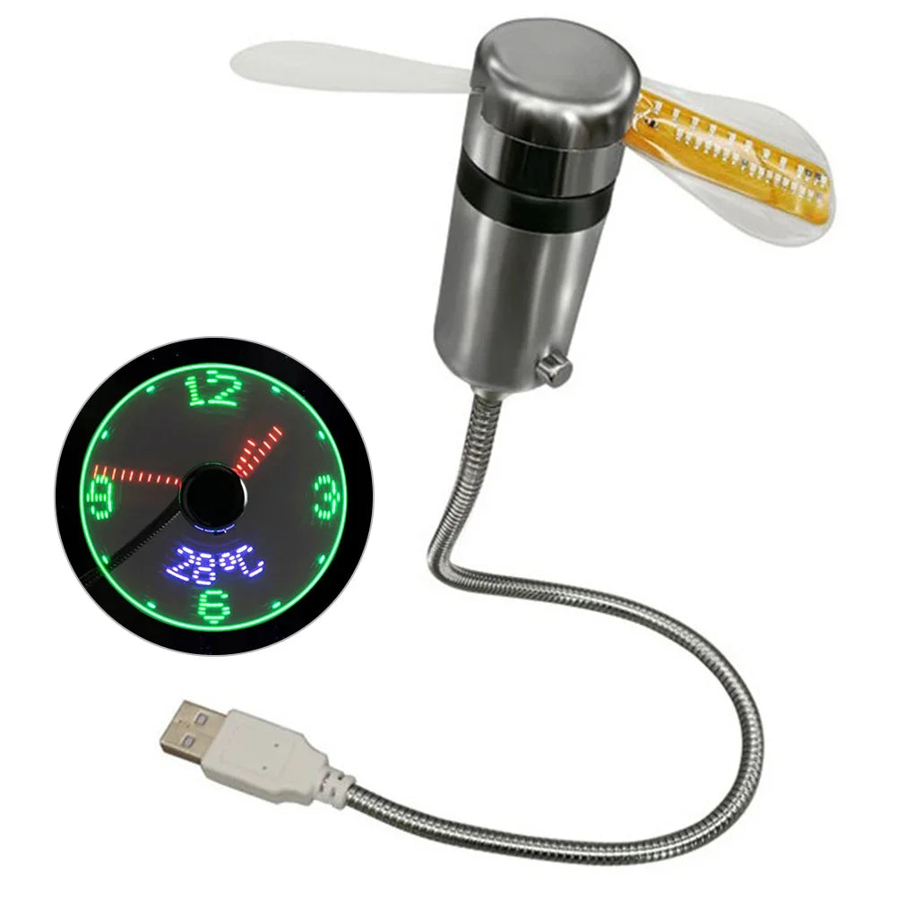 Smartlyo LED clock fan with mini fan design, displaying time and cooling air, powered by DC 5V in a compact form.