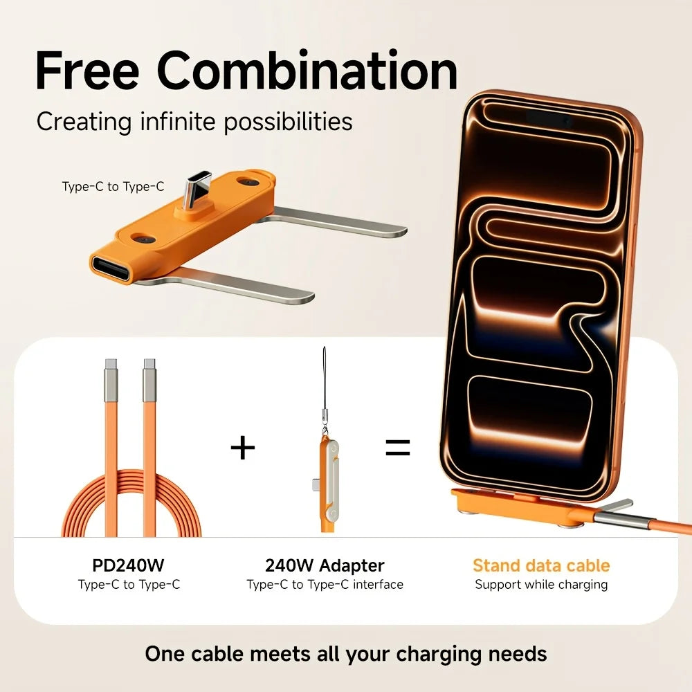 2-in-1 240W USB-C Cable & Foldable Bracket – Fast Charge + Phone/Tablet Stand
