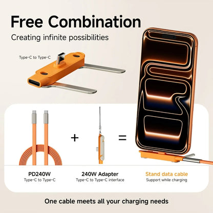 2-in-1 240W USB-C Cable & Foldable Bracket – Fast Charge + Phone/Tablet Stand