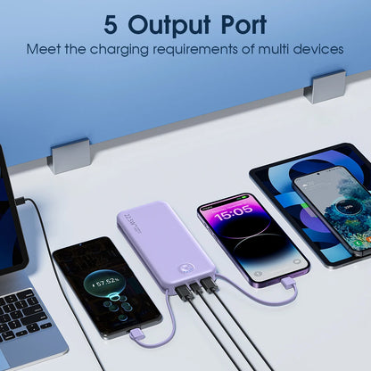 Smartlyo portable charger with built-in cables, compact design, and multiple charging ports for convenient on-the-go device power