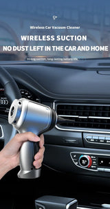 Smartlyo wireless car vacuum cleaner, cordless and handheld, shown cleaning car interior with compact design and powerful suction.