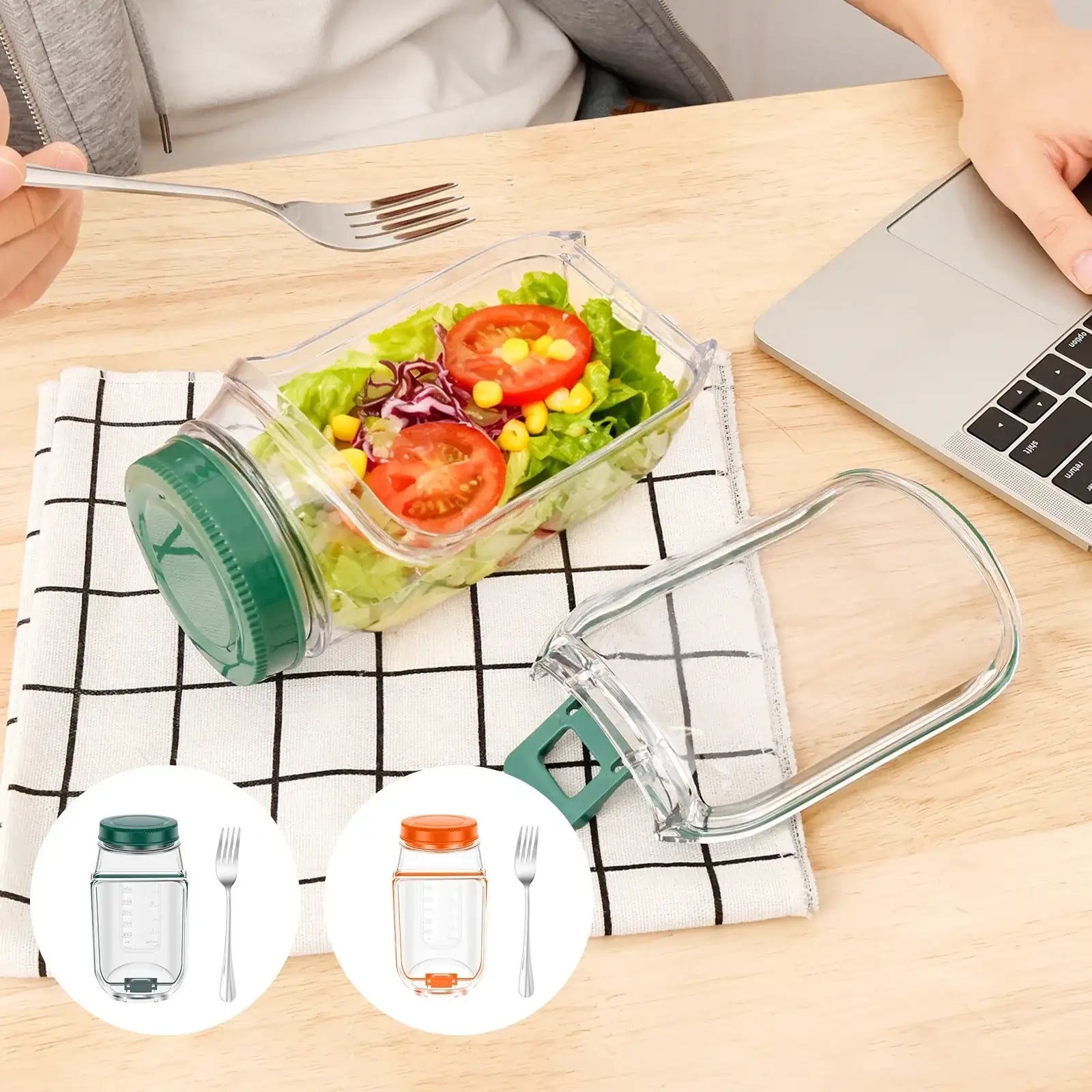 Smartlyo portable side-opening salad jar with clear container and secure lid, ideal for fresh salads on the go.