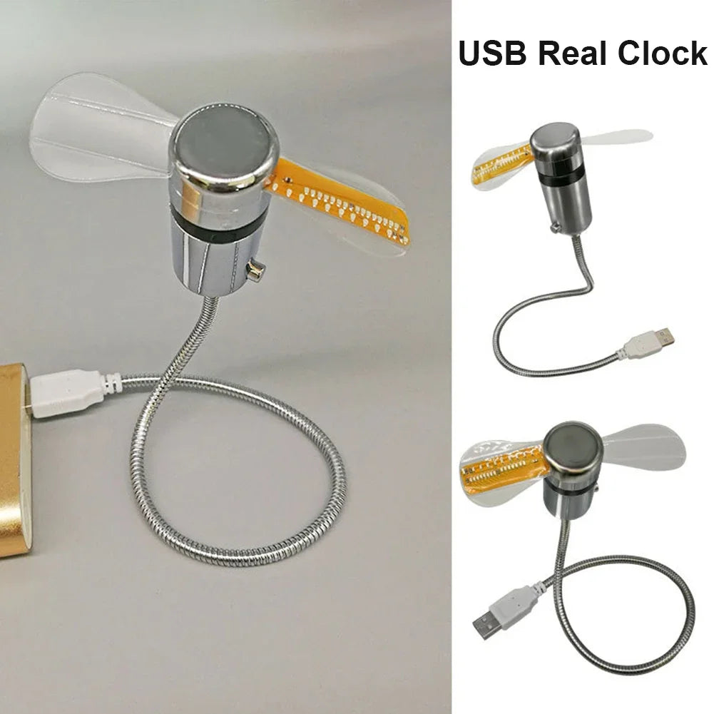 Smartlyo LED clock fan mini fan powered by DC 5V, showing a sleek design with digital clock display and cooling blades.