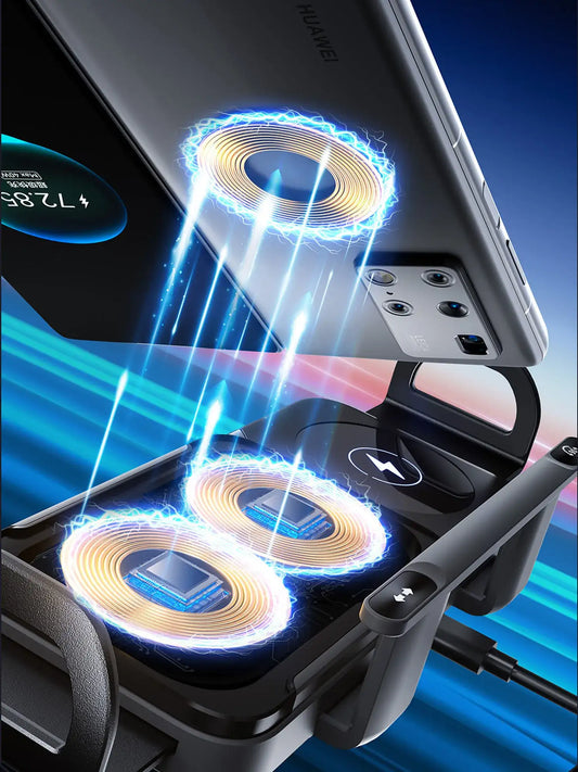Smartlyo dual coil foldable phone holder and wireless charger with adjustable stand and sleek design for easy device charging