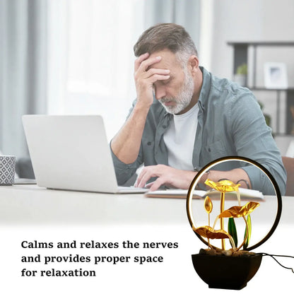 Smartlyo USB-powered desktop waterfall fountain with flowing water and soothing design, ideal for relaxation and decorative use.