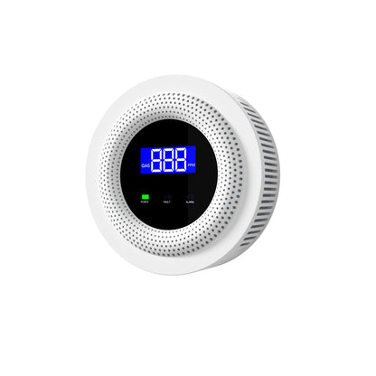 Smartlyo Tuya WiFi combustible gas leak sensor showing device with digital display and sensor components for detecting gas leaks