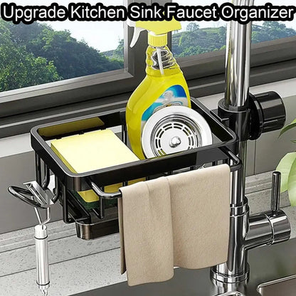 Smartlyo kitchen sink faucet organizer with multiple compartments for cleaning supplies and accessories, mounted under the sink.