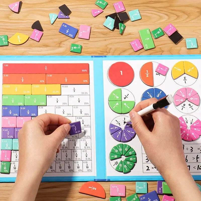 Magnetic fraction puzzles by Smartlyo showing colorful fraction pieces and educational game setup for kids.