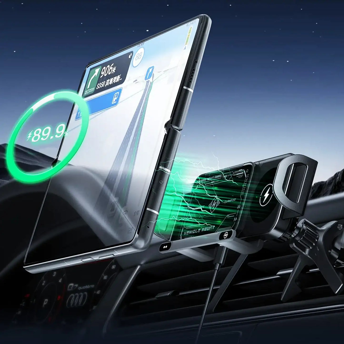 Smartlyo dual coil foldable phone holder and wireless charger with adjustable stand and sleek design for convenient charging and device support