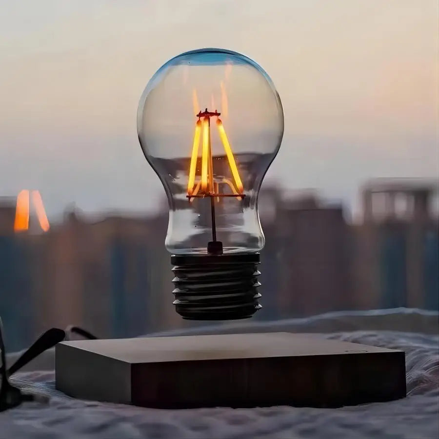 Magnetic levitation lamp by Smartlyo floating above a sleek base with a modern design and glowing light effect.