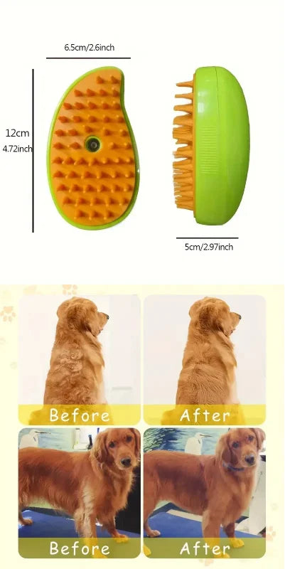Smartlyo Steam Pet Hair Removal Brush with electric spray, showing the device and pet fur removal in action.