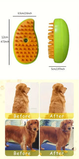 Smartlyo Steam Pet Hair Removal Brush with electric spray, showing the device and pet fur removal in action.