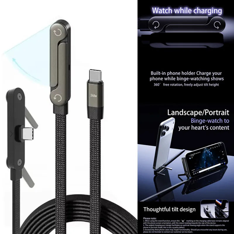 Smartlyo 240W fast charging foldable phone holder with data cable, showing a sleek, portable design ideal for convenient charging and device support.