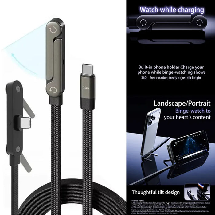 Smartlyo 240W fast charging foldable phone holder with data cable, showing a sleek, portable design ideal for convenient charging and device support.