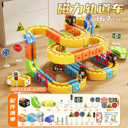 Magnetic Racing Car Track Set with Motorized Train & Gravity Maze