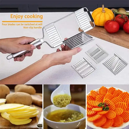 Smartlyo 4-in-1 stainless steel vegetable slicer with handle, portable manual shredder, grater, and cutter for versatile kitchen use