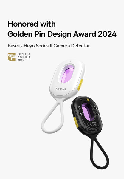 Baseus Camera Detector by Smartlyo showing the compact device with buttons and LED indicators for detecting hidden cameras.