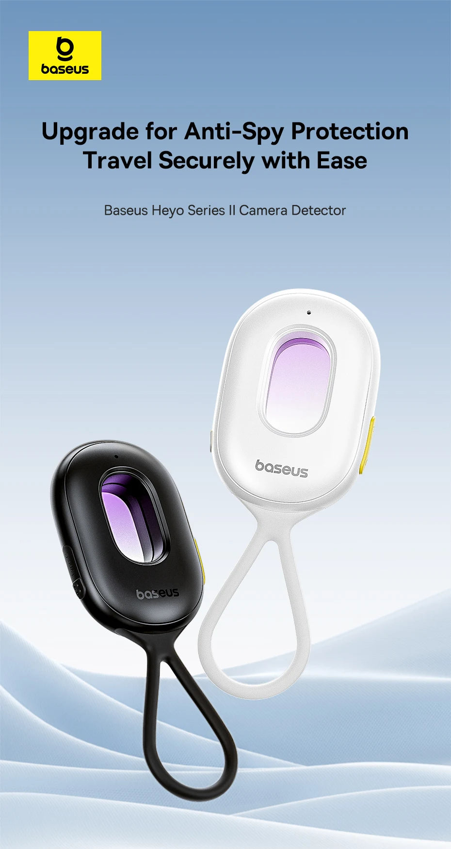 Smartlyo Baseus camera detector device with LED indicators and compact design for detecting hidden cameras and surveillance equipment.