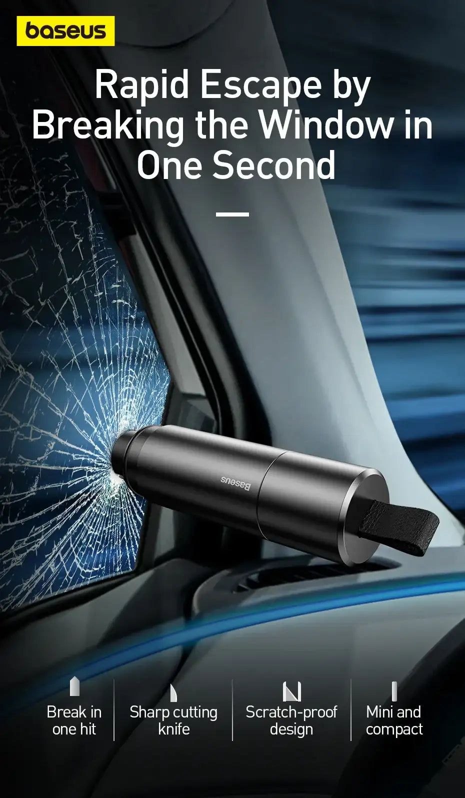 Smartlyo Baseus car window glass breaker safety hammer with ergonomic handle and pointed tip for emergency escape.