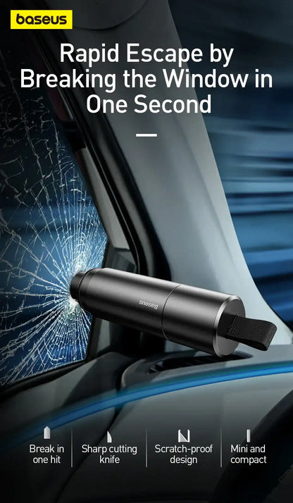 Smartlyo Baseus car window glass breaker safety hammer with ergonomic handle and pointed tip for emergency escape.