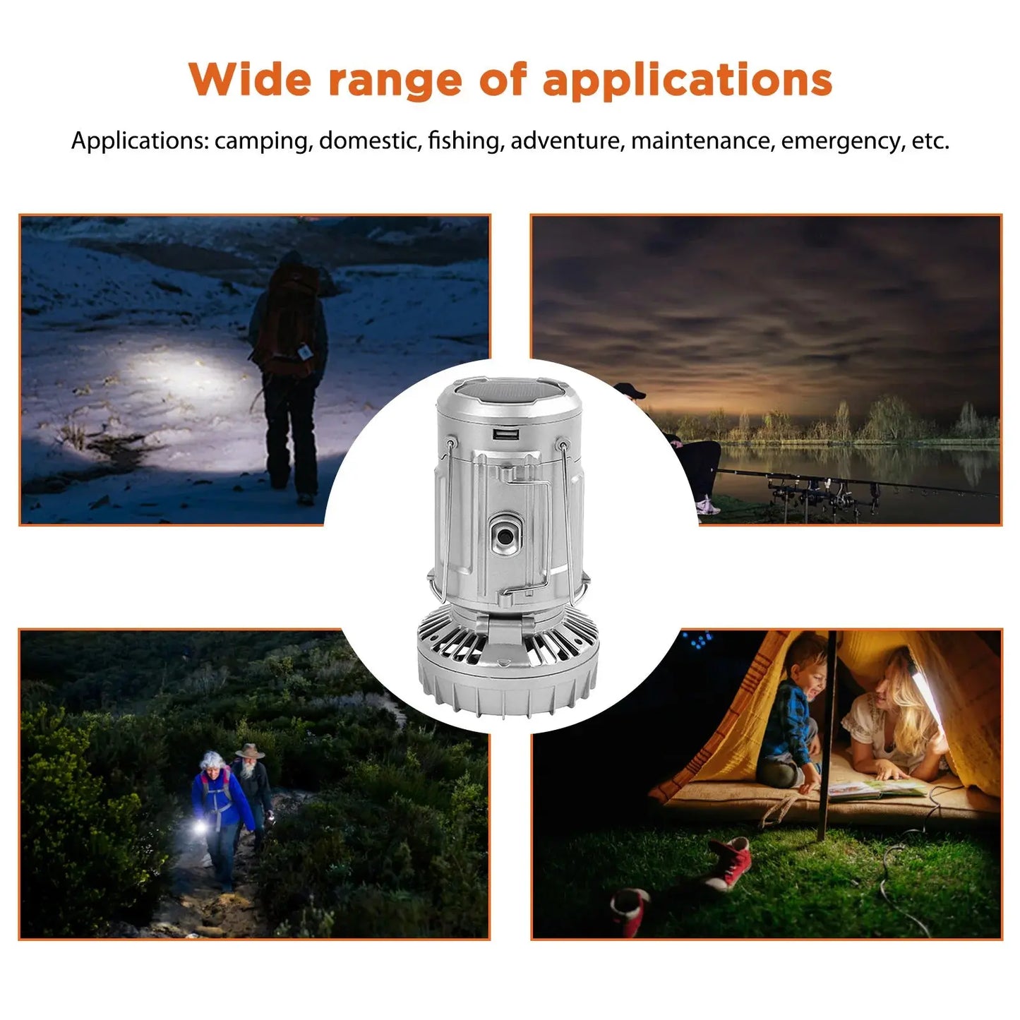 Smartlyo foldable camping fan light with adjustable fan blades and built-in LED light, suitable for outdoor camping and hiking.