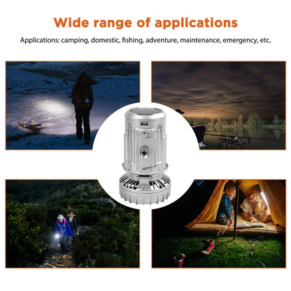 Smartlyo foldable camping fan light with adjustable fan blades and built-in LED light, suitable for outdoor camping and hiking.