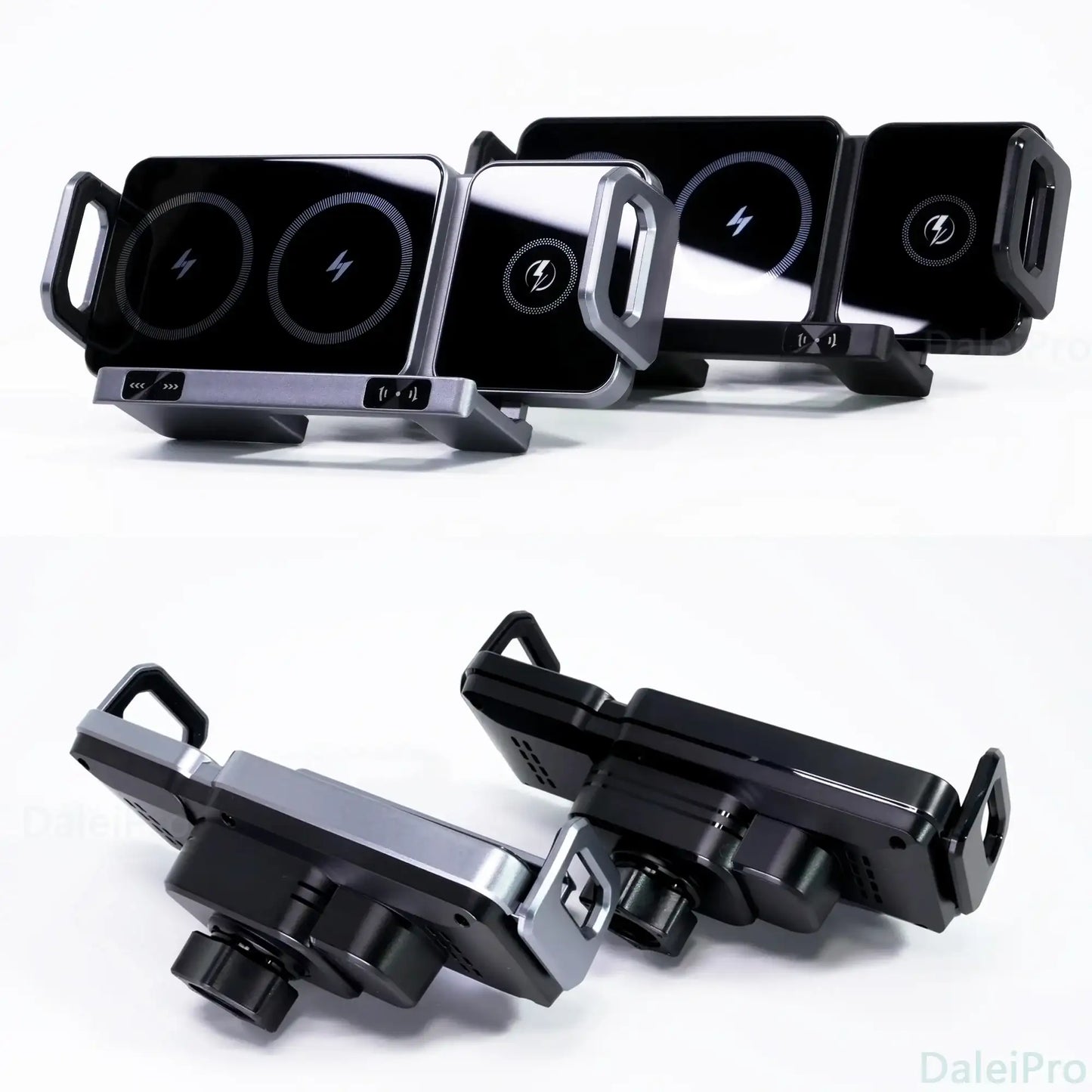 Smartlyo dual coil foldable phone holder and wireless charger with adjustable stand and charging pad on a desk.
