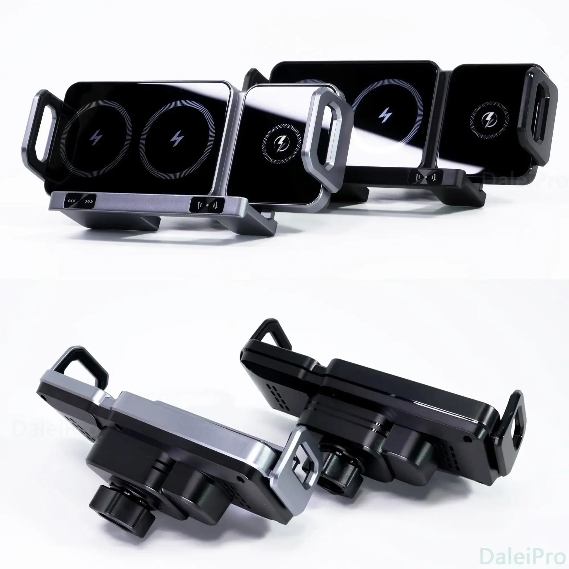 Smartlyo dual coil foldable phone holder and wireless charger with adjustable stand and charging pad on a desk.