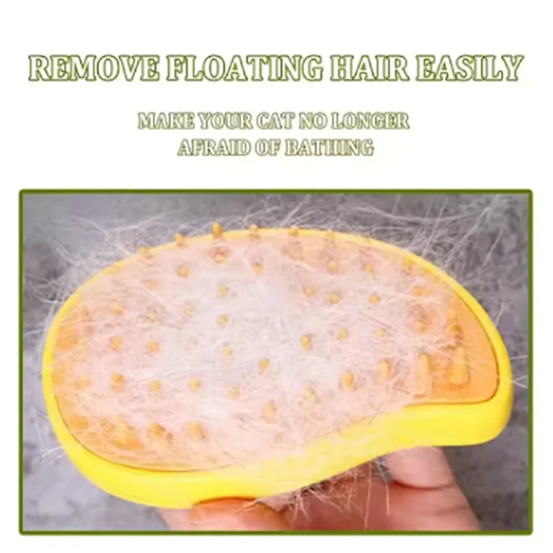 Smartlyo Steam Pet Hair Removal Brush with electric spray, showing the device and pet fur removal in use.