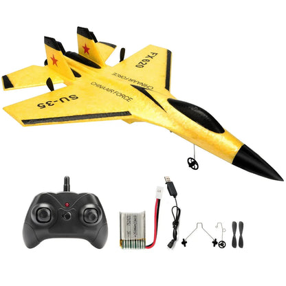Smartlyo SU35 RC plane toy shown in mid-flight with detailed jet design and vibrant colors against a clear sky background.