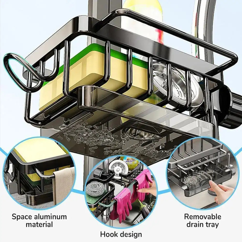 Smartlyo kitchen sink faucet organizer with multiple compartments for soap, sponges, and utensils, mounted under the sink.