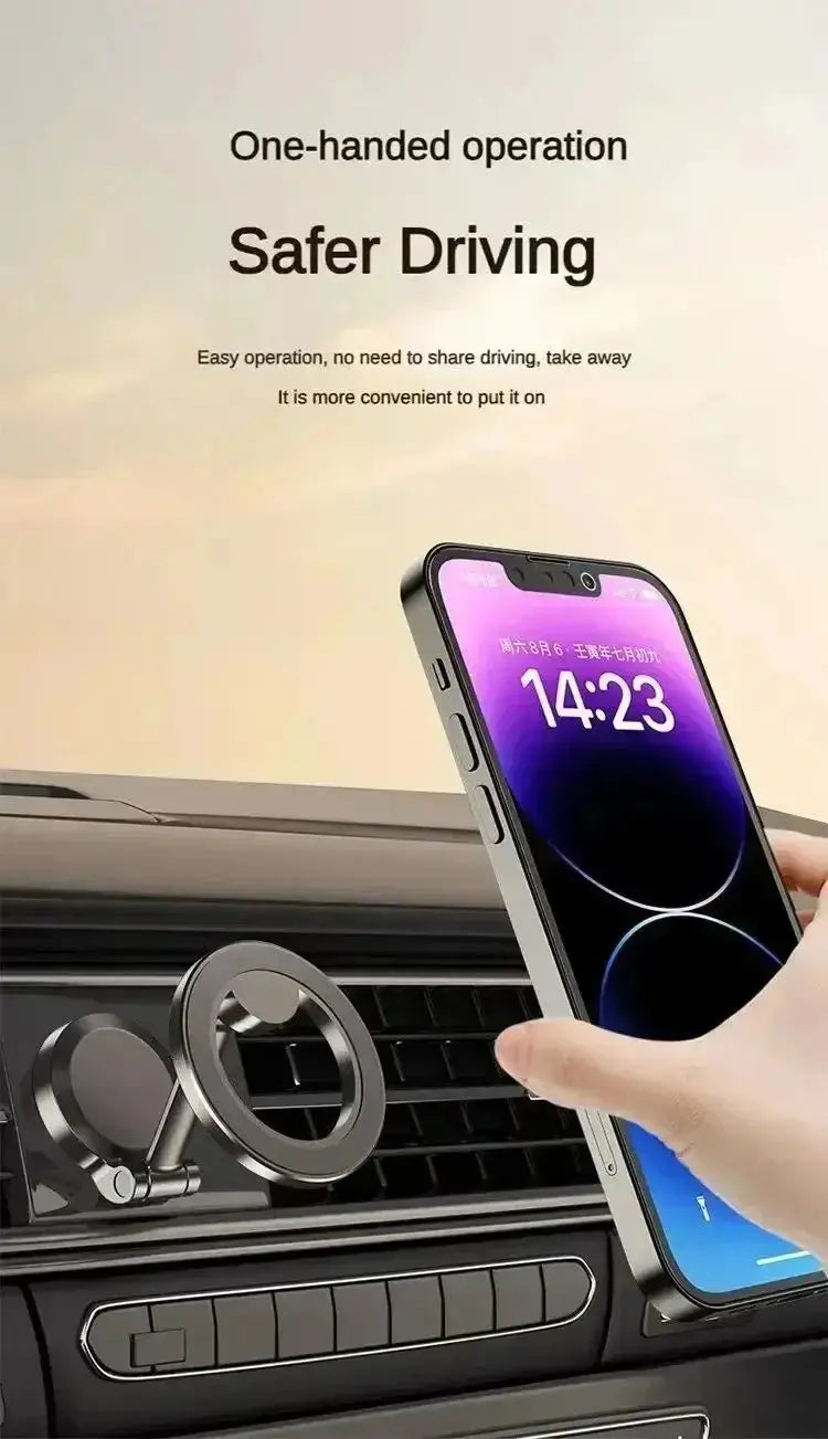 Smartlyo 360° strong magnetic cell phone holder attached to a car dashboard with a smartphone secured in place.