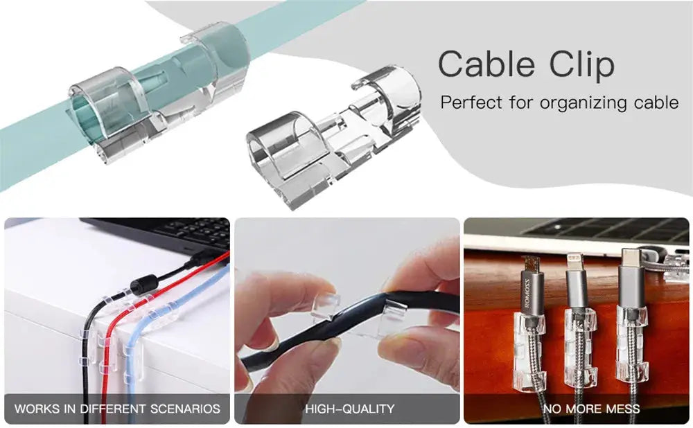 Set of 20 transparent adhesive cable clips from Smartlyo, holding and organizing cables neatly on surfaces.